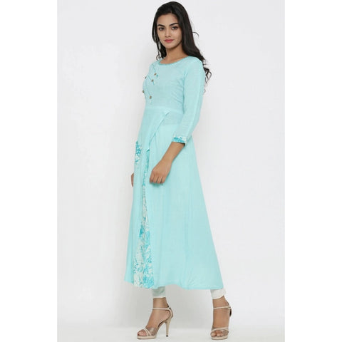 Generic Women's Casual 3/4 th Sleeve Embroidery Rayon Kurti (Sky Blue)