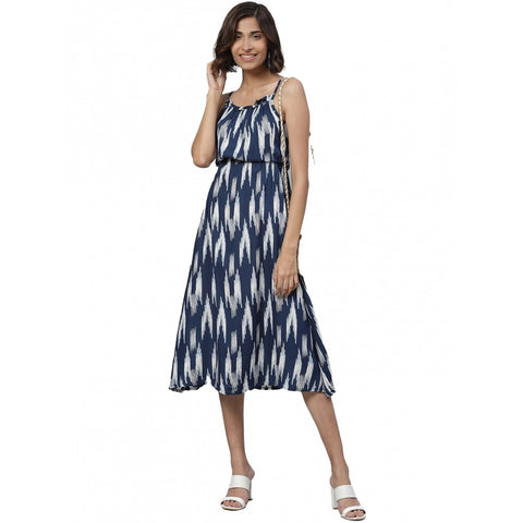 Generic Women's Casual Sleeveless Ikat Print Rayon Dress (Blue)