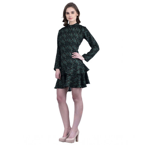 Generic Women's Cotton Blend Floral Full Sleeves Dress (Green)