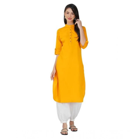 Generic Women's Casual Cotton Solid 3-4 Sleeve Kurti (Yellow)