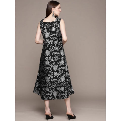 Generic Women's Casual Sleeveless Floral Printed Crepe Ethnic Dress (Black)