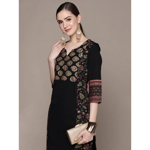 Generic Women's Casual 3-4Th Sleeve Ethnic Motifs Crepe Kurti And Pant Set (Black)