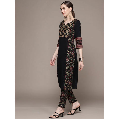 Generic Women's Casual 3-4Th Sleeve Ethnic Motifs Crepe Kurti And Pant Set (Black)