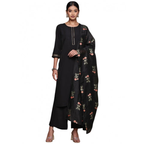 Generic Women's Casual 3-4Th Sleeve Ethnic Motifs Crepe Kurti Palazzo And Dupatta Set (Black)