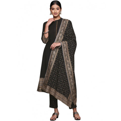 Generic Women's Casual 3-4Th Sleeve Ethnic Motifs Crepe Kurti Pant And Dupatta Set (Black)