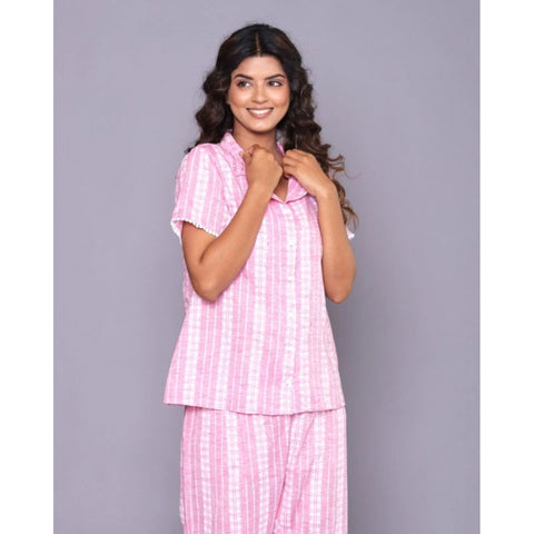 Generic Women's Casual Cotton Short Sleeve Full Night Suit Set (Pink)