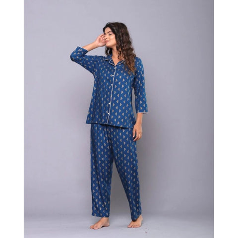 Generic Women's Casual Rayon 3-4th Sleeve Night Suit Set (Blue)