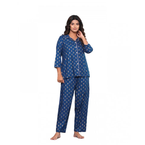 Generic Women's Casual Rayon 3-4th Sleeve Night Suit Set (Blue)