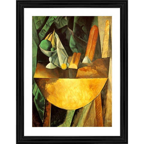 Generic Bread and Fruit Dish on a Table 1909 Painting With Wood Photo Frame (Multicolor)