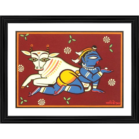 Generic Bal Krishna and Cow Painting With Wood Photo Frame (Multicolor)