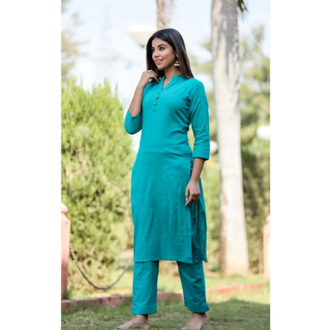 Generic Women's Cotton Solid 3/4 Sleeve Mandarin collar Kurti (Green)