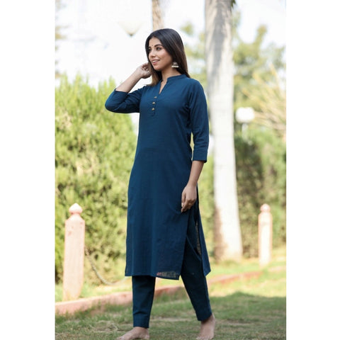 Generic Women's Cotton Solid 3/4 Sleeve Mandarin collar Kurti (Blue)