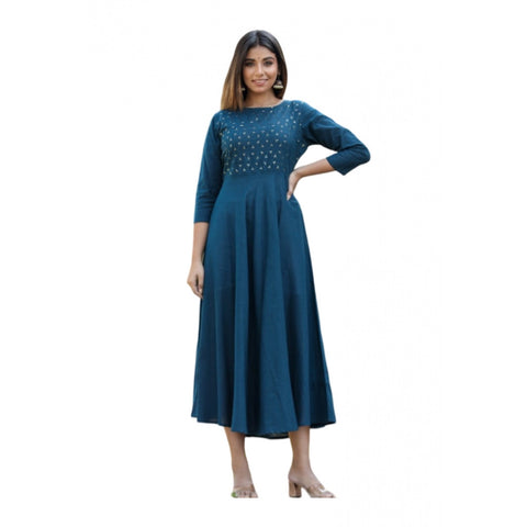 Generic Women's Cotton Solid 3/4 Sleeve Round Neck Kurti (Blue)