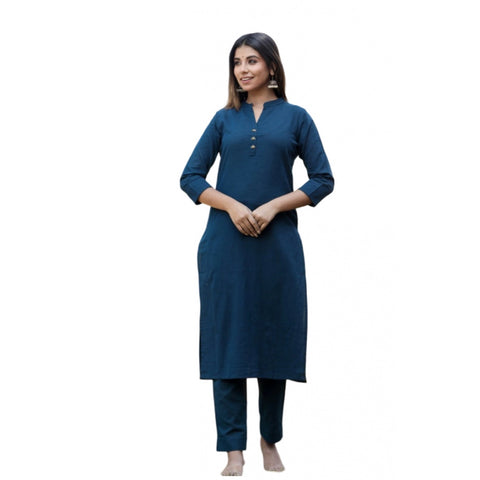 Generic Women's Cotton Solid 3/4 Sleeve Mandarin collar Kurti (Blue)