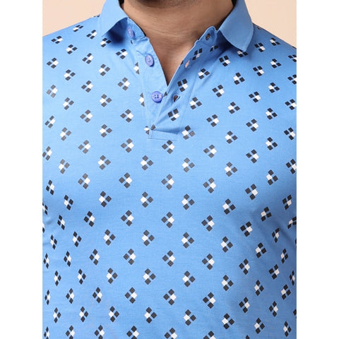 Generic Men's Casual Cotton Printed Polo Neck Half Sleeve T-Shirt (Blue)