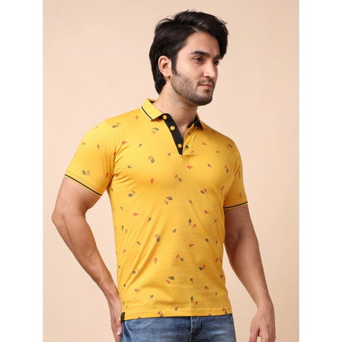 Generic Men's Casual Cotton Printed Polo Neck Half Sleeve T-Shirt (Mustard)