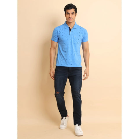 Generic Men's Casual Cotton Printed Polo Neck Half Sleeve T-Shirt (Blue)