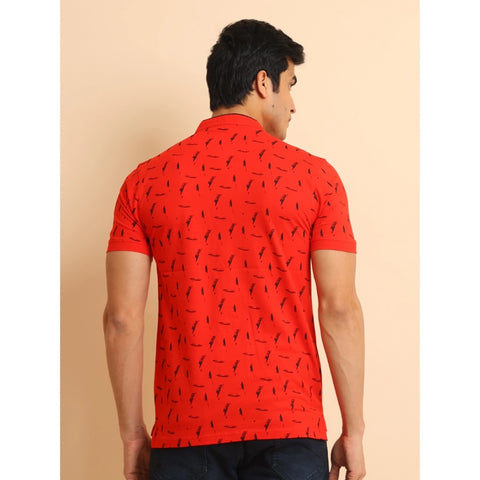 Generic Men's Casual Cotton Printed Mandarin Collar Half Sleeve T-Shirt (Red)