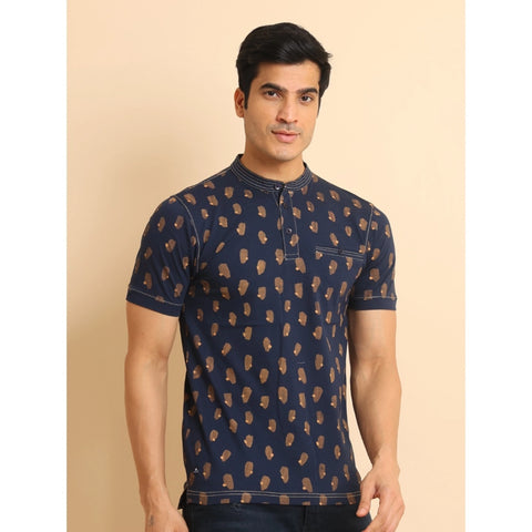 Generic Men's Casual Cotton Printed Mandarin Collar Half Sleeve T-Shirt (Navy)