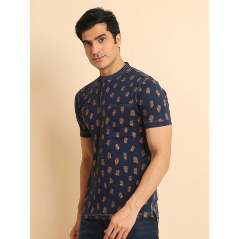 Generic Men's Casual Cotton Printed Mandarin Collar Half Sleeve T-Shirt (Navy)