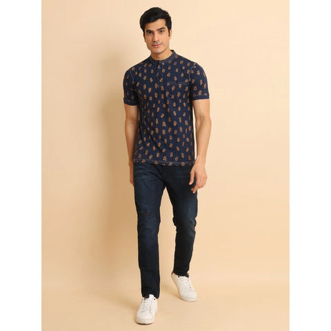 Generic Men's Casual Cotton Printed Mandarin Collar Half Sleeve T-Shirt (Navy)