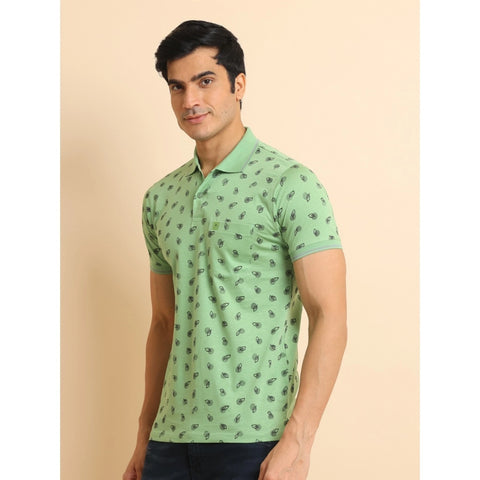 Generic Men's Casual Cotton Printed Polo Neck Half Sleeve T-Shirt (Light Green)