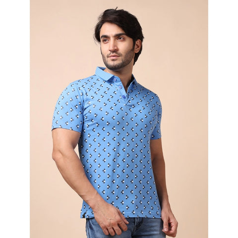 Generic Men's Casual Cotton Printed Polo Neck Half Sleeve T-Shirt (Blue)