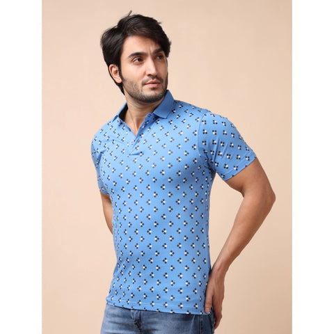 Generic Men's Casual Cotton Printed Polo Neck Half Sleeve T-Shirt (Blue)