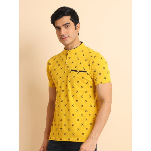 Generic Men's Casual Cotton Printed Mandarin Collar Half Sleeve T-Shirt (Mustard)