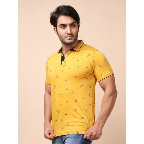 Generic Men's Casual Cotton Printed Polo Neck Half Sleeve T-Shirt (Mustard)