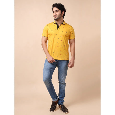 Generic Men's Casual Cotton Printed Polo Neck Half Sleeve T-Shirt (Mustard)