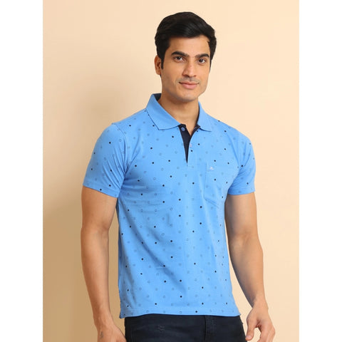 Generic Men's Casual Cotton Printed Polo Neck Half Sleeve T-Shirt (Blue)