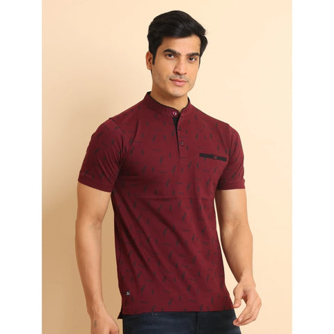 Generic Men's Casual Cotton Printed Mandarin Collar Half Sleeve T-Shirt (Plum)