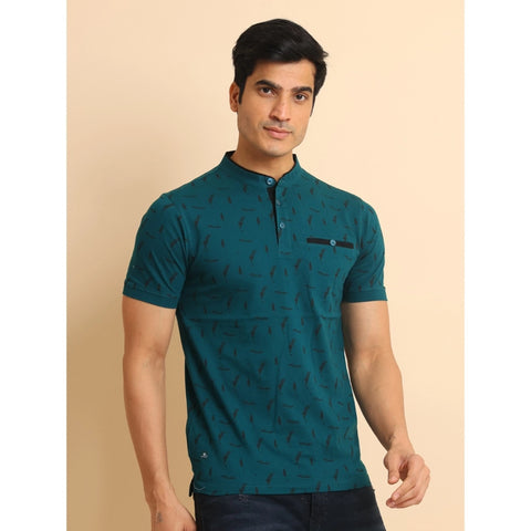 Generic Men's Casual Cotton Printed Mandarin Collar Half Sleeve T-Shirt (Green)