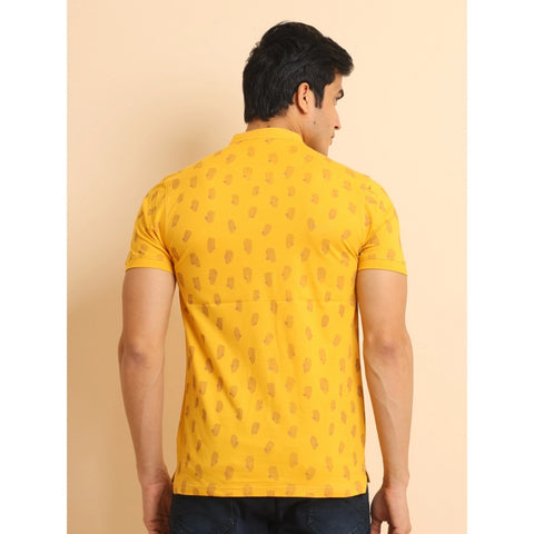 Generic Men's Casual Cotton Printed Mandarin Collar Half Sleeve T-Shirt (Mustard)