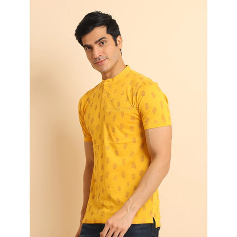 Generic Men's Casual Cotton Printed Mandarin Collar Half Sleeve T-Shirt (Mustard)