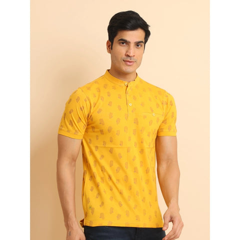 Generic Men's Casual Cotton Printed Mandarin Collar Half Sleeve T-Shirt (Mustard)