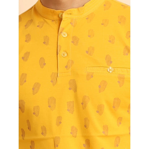 Generic Men's Casual Cotton Printed Mandarin Collar Half Sleeve T-Shirt (Mustard)