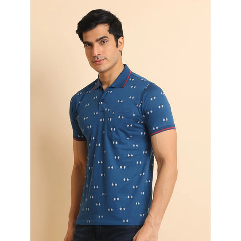 Generic Men's Casual Cotton Printed Polo Neck Half Sleeve T-Shirt (Blue)