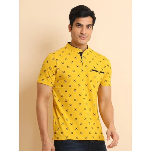 Generic Men's Casual Cotton Printed Mandarin Collar Half Sleeve T-Shirt (Mustard)