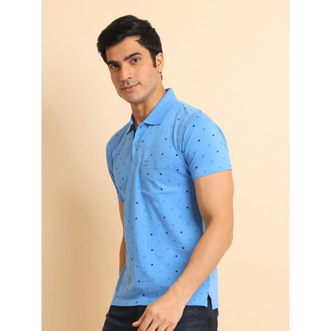 Generic Men's Casual Cotton Printed Polo Neck Half Sleeve T-Shirt (Blue)