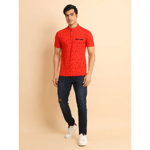 Generic Men's Casual Cotton Printed Mandarin Collar Half Sleeve T-Shirt (Red)