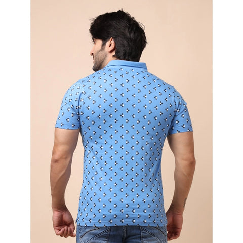 Generic Men's Casual Cotton Printed Polo Neck Half Sleeve T-Shirt (Blue)