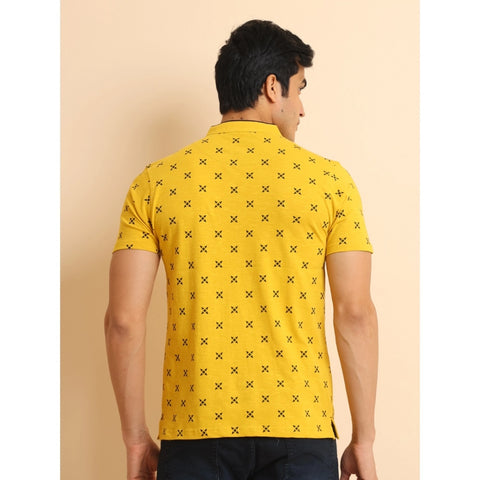 Generic Men's Casual Cotton Printed Mandarin Collar Half Sleeve T-Shirt (Mustard)