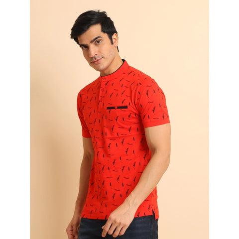 Generic Men's Casual Cotton Printed Mandarin Collar Half Sleeve T-Shirt (Red)