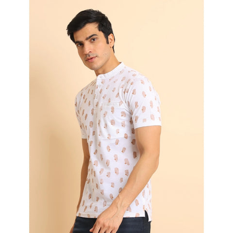 Generic Men's Casual Cotton Printed Mandarin Collar Half Sleeve T-Shirt (White)