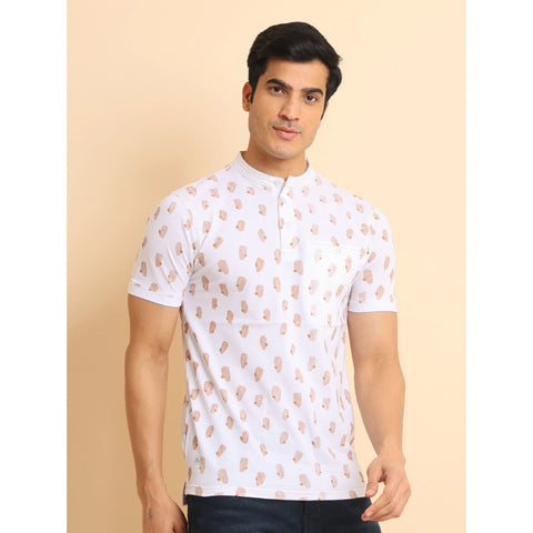 Generic Men's Casual Cotton Printed Mandarin Collar Half Sleeve T-Shirt (White)