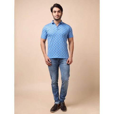 Generic Men's Casual Cotton Printed Polo Neck Half Sleeve T-Shirt (Blue)