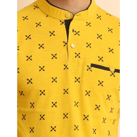 Generic Men's Casual Cotton Printed Mandarin Collar Half Sleeve T-Shirt (Mustard)