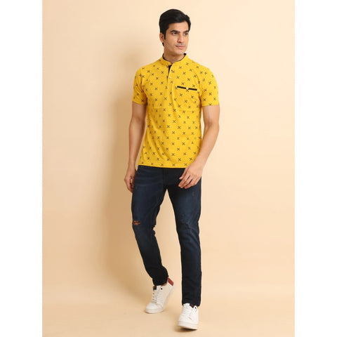 Generic Men's Casual Cotton Printed Mandarin Collar Half Sleeve T-Shirt (Mustard)